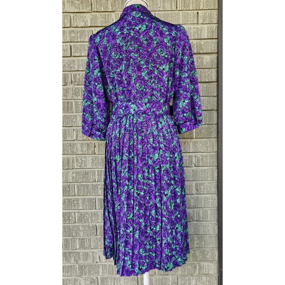 Vintage 80's Breli Original‎ Green & Purple Floral Belted Dress Size:12